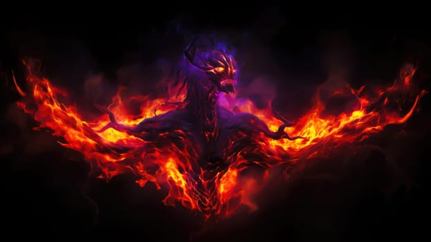 Fiery demon. Mystical monster in fire on dark background. A horrible creature from a nightmare.