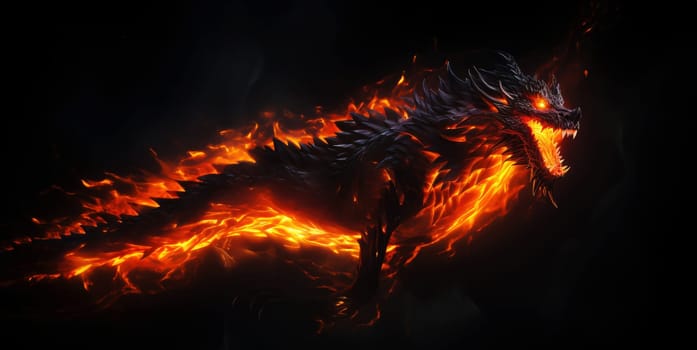 Fiery demon. Mystical monster in fire on dark background. A horrible creature from a nightmare.