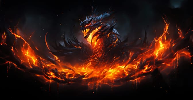 Fiery demon. Mystical monster in fire on dark background. A horrible creature from a nightmare.