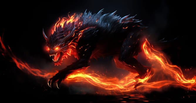 Fiery demon. Mystical monster in fire on dark background. A horrible creature from a nightmare.