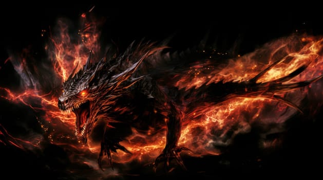 Fiery demon. Mystical monster in fire on dark background. A horrible creature from a nightmare.