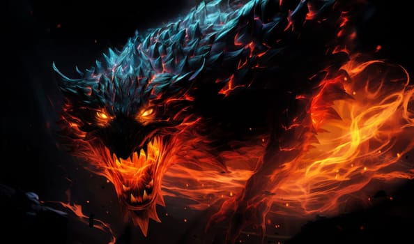 Fiery demon. Mystical monster in fire on dark background. A horrible creature from a nightmare.