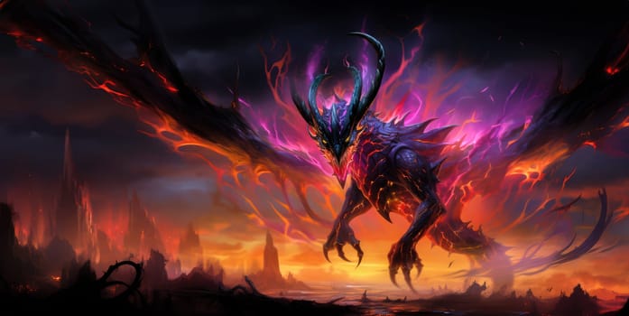 Fiery demon. Mystical monster in fire on dark background. A horrible creature from a nightmare.