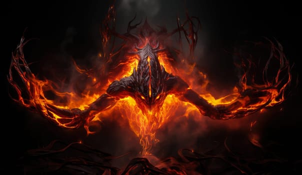 Fiery demon. Mystical monster in fire on dark background. A horrible creature from a nightmare.