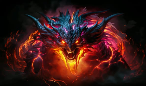 Fiery demon. Mystical monster in fire on dark background. A horrible creature from a nightmare.