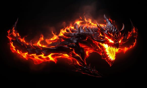 Fiery demon. Mystical monster in fire on dark background. A horrible creature from a nightmare.