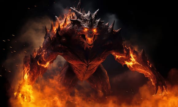 Fiery demon. Mystical monster in fire on dark background. A horrible creature from a nightmare.