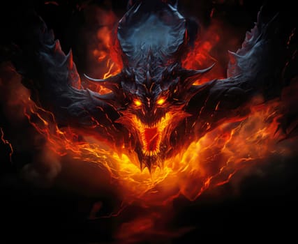 Fiery demon. Mystical monster in fire on dark background. A horrible creature from a nightmare.