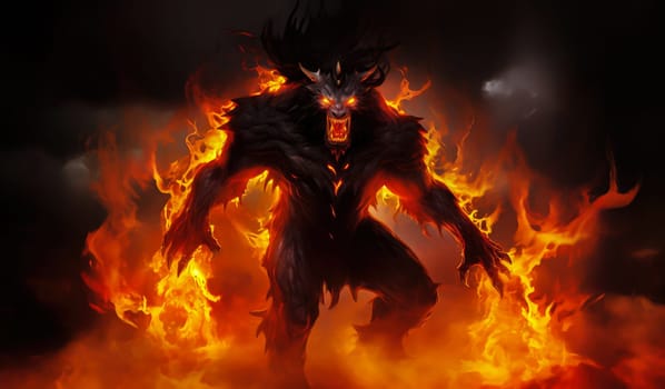 Fiery demon. Mystical monster in fire on dark background. A horrible creature from a nightmare.