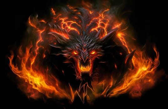 Fiery demon. Mystical monster in fire on dark background. A horrible creature from a nightmare.