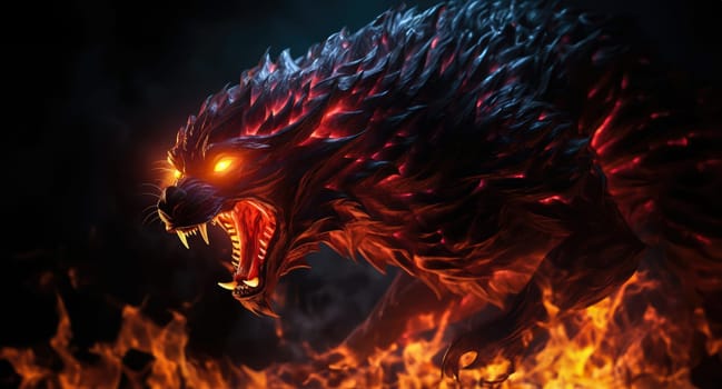 Fiery demon. Mystical monster in fire on dark background. A horrible creature from a nightmare.