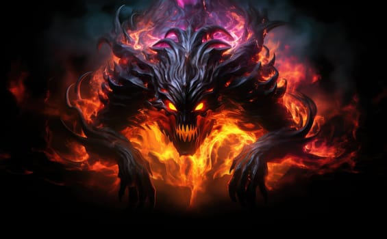 Fiery demon. Mystical monster in fire on dark background. A horrible creature from a nightmare.