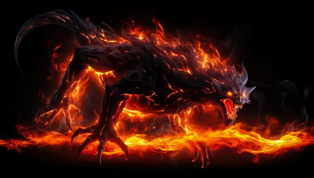 Fiery demon. Mystical monster in fire on dark background. A horrible creature from a nightmare.