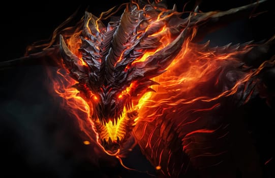 Fiery demon. Mystical monster in fire on dark background. A horrible creature from a nightmare.