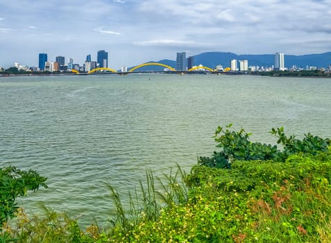 Famous dragon bridge over river Han in Da Nang, Vietnam