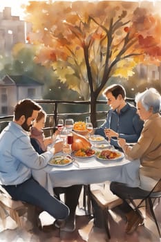 loving family enjoy thanksgiving lunch at the table illustration generative ai art