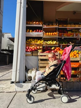 Little girl sitting in a stroller near the fruit stand. High quality photo