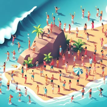 people having fun in the beach, isometric view, sea waves, 3d illustration generative ai art