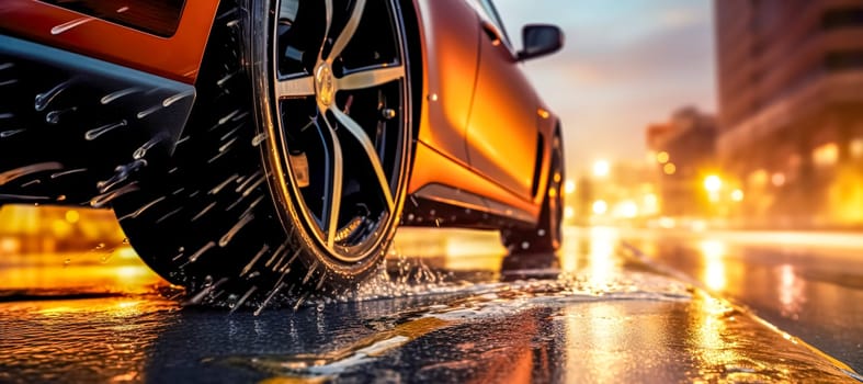 sleek car's tire on a wet road, with water splashing around as it moves, reflecting the city lights in the evening, banner