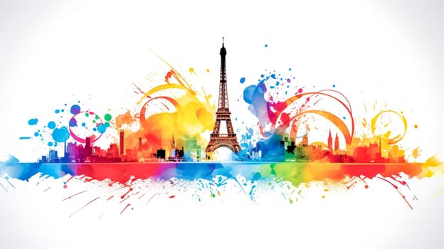 vibrant, colorful representation of the Eiffel Tower and the Paris skyline, featuring splashes of paint and dynamic abstract elements that create a festive and lively atmosphere, banner