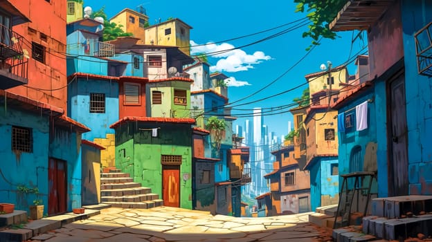 favela with a multitude of stacked houses painted in bright colors, narrow streets, and staircases, blending traditional architecture with a modern city skyline in the background.