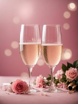 Two champagne glasses and rose flowers on a pink background