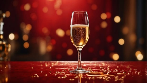 A glass of Christmas champagne on a dark red magical background