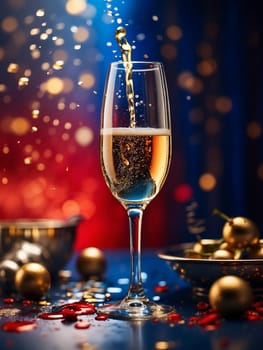 A glass of Christmas champagne on a dark blue magical background