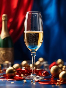 A glass of Christmas champagne on a dark blue magical background