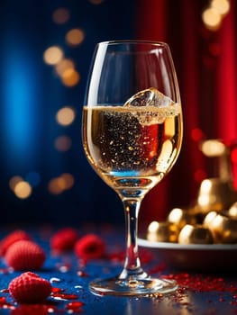 Champagne with ice and berries on a red and blue dark background