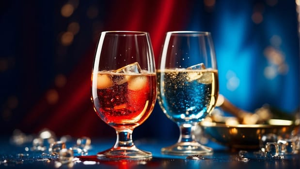 Two champagne glasses with ice on a red and blue background