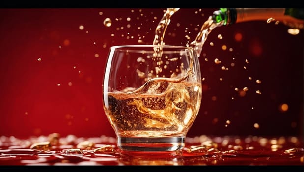 A glass of Christmas champagne on a dark red magical background