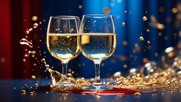 Champagne splashes on a blue and red dark background