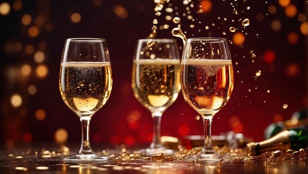 Champagne splashes and three glasses on a dark background
