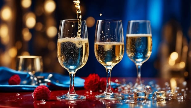 Champagne with ice and berries on a red and blue dark background