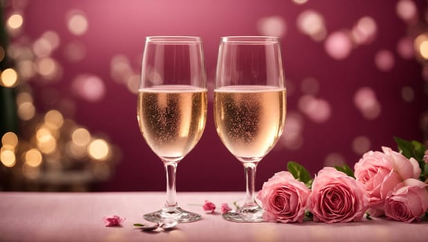 Two champagne glasses and rose flowers on a pink background