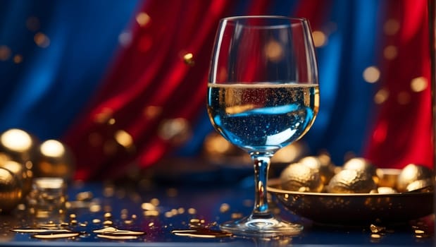 A glass of Christmas champagne on a dark blue magical background