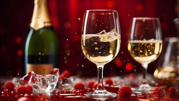Champagne with ice and berries on red dark background