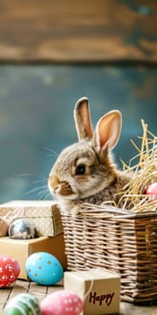 Cute Easter bunny in a wicker basket with dyed eggs on a wooden table. Easter vertical banner for smart phone with copy space