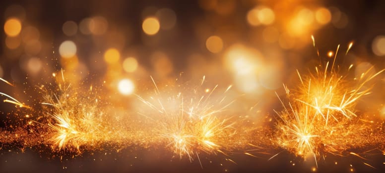 Abstract background with golden fireworks, sparkles, shiny bokeh glitter lights. Festive gold background for card, flyer, invitation, placard, voucher, banner