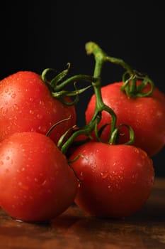 Fresh ripe red tomato branch on a rusty, redhead table with water drops. Dark background. Close-up. Vertical photo. Poster for vegetable market or shop.