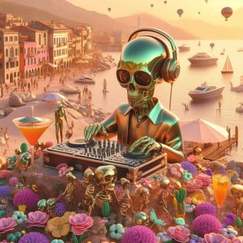 metallic alien dj with human skull, wearing glasses earphone dj of beach party in tropical island generative ai art