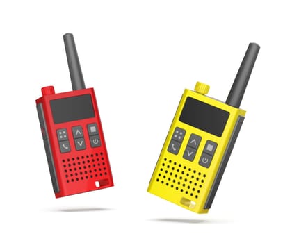 Yellow and red walkie talkies on white background