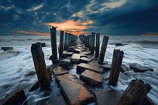 Old wooden pier in the stormy sea at sunset.