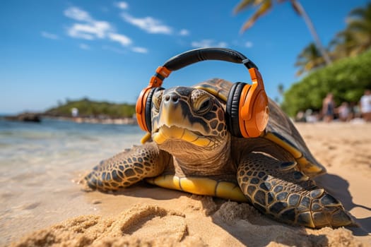 Turtle on the beach wearing large headphones. Vacation concept.