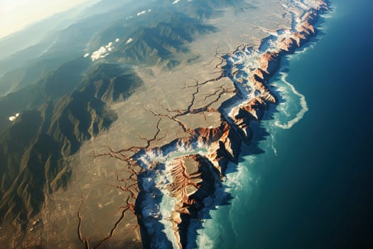 Top view of the sea spit with rocks and mountains.