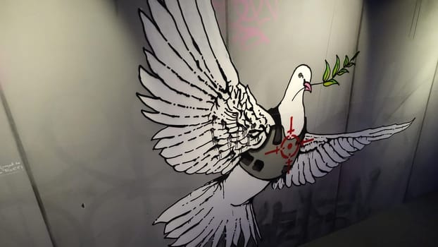 Stockholm, Sweden, December 29 2023. Art exhibition. The mystery of Banksy. A genius mind. Dove.