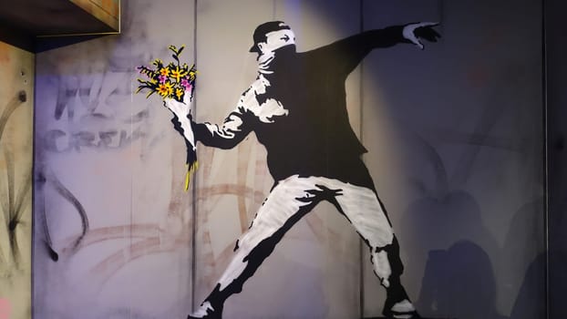 Stockholm, Sweden, December 29 2023. Art exhibition. The mystery of Banksy. A genius mind. Bouqhet.