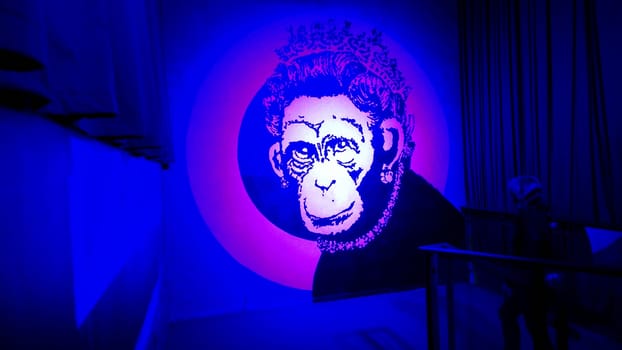 Stockholm, Sweden, December 29 2023. Art exhibition. The mystery of Banksy. A genius mind. Monkey.
