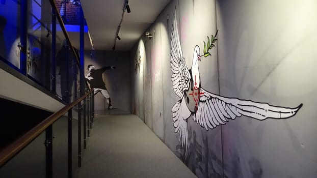 Stockholm, Sweden, December 29 2023. Art exhibition. The mystery of Banksy. A genius mind. Gallery.